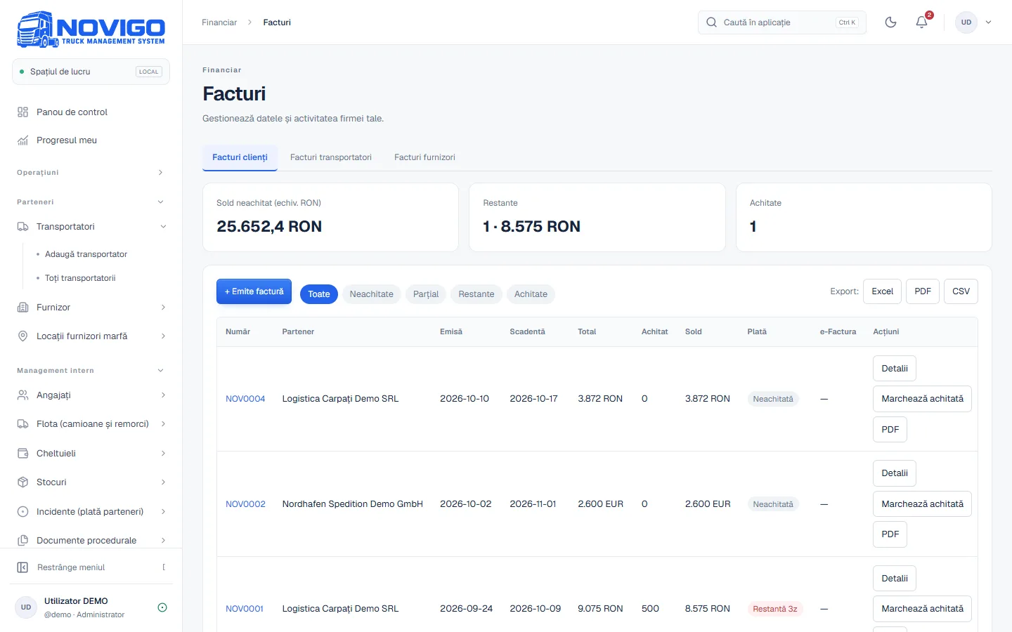 Pagina Facturi din NOVIGO TMS: sold neîncasat, facturi restante, export Excel, PDF și CSV, coloana e-Factura (date de prezentare)